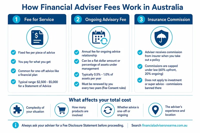 Infographic explaining how financial adviser fees work in Australia in 2026 - fee for service, ongoing advisory fees and insurance commissions